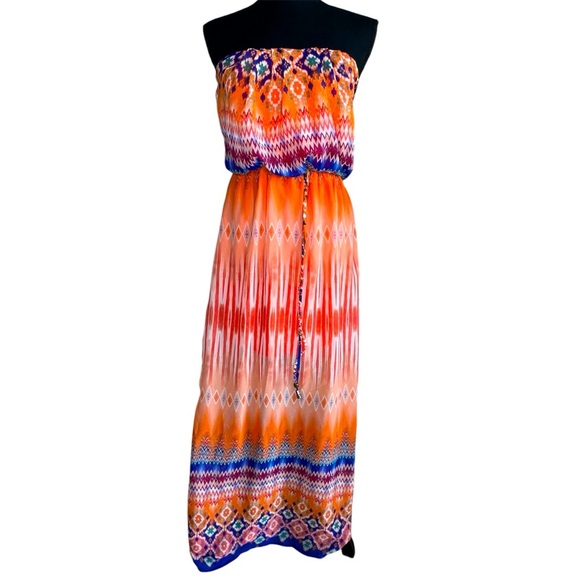 Vibrant Lightweight Strapless Bold Boho Print Maxi Dress Size Small - Picture 3 of 6